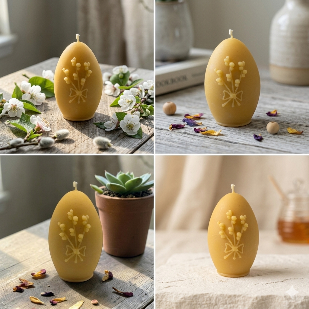 Osterei-Kerze mit Weidenkätzchen-Motiv – Handgefertigt aus reinem Bienenwachs