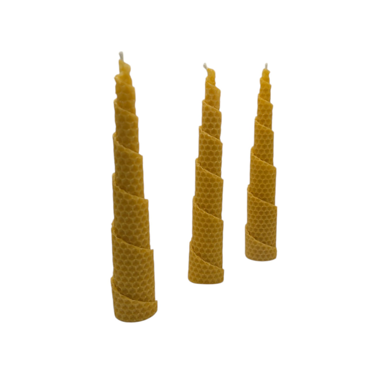 Drei dekorative Weihnachtsbaumkerzen aus gelbem Bienenwachs in spiralförmiger Tannenbaumform mit feiner Wabenstruktur, gestaffelt auf weißem Hintergrund.