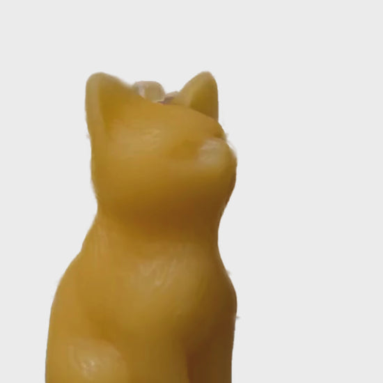 Eine handgefertigte Bienenwachskerze in Form einer sitzenden Katze, freigestellt vor hellem Hintergrund.